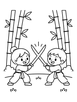 Free printable Little Samurai Practicing In Bamboo Forest coloring page