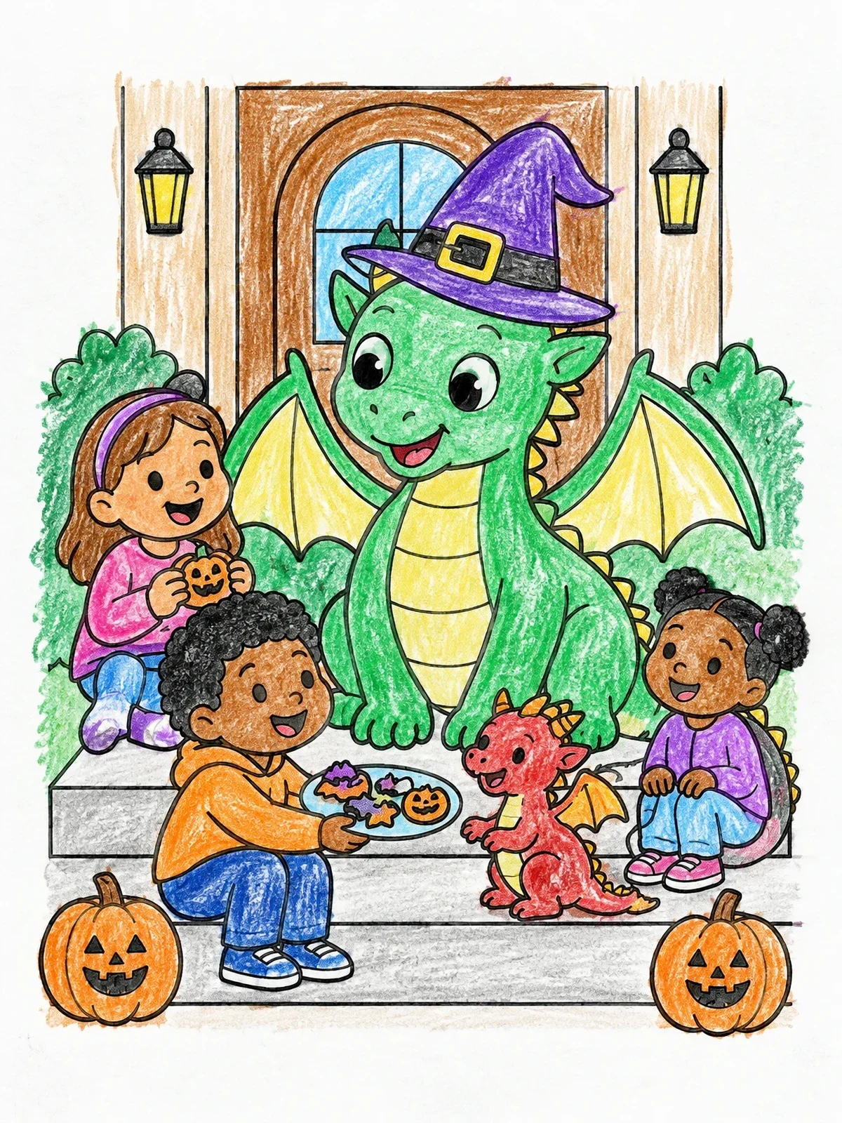 Colored example of the Friendly Dragons Sharing Halloween Treats coloring page