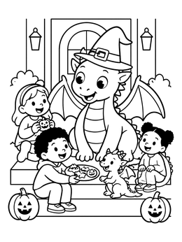 Free printable Friendly Dragons Sharing Halloween Treats coloring page