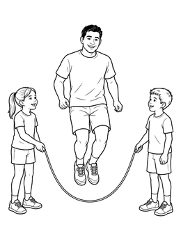 Two kids turn a jump rope for a man in this fun sharing coloring page.