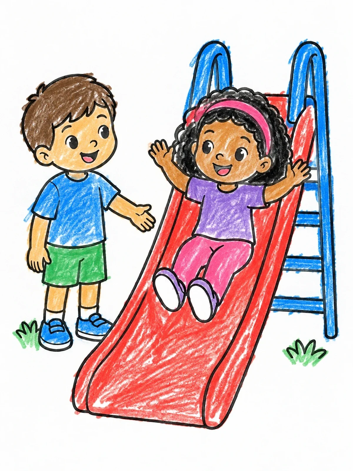Colored example of the Children Taking Turns On Playground Slide coloring page