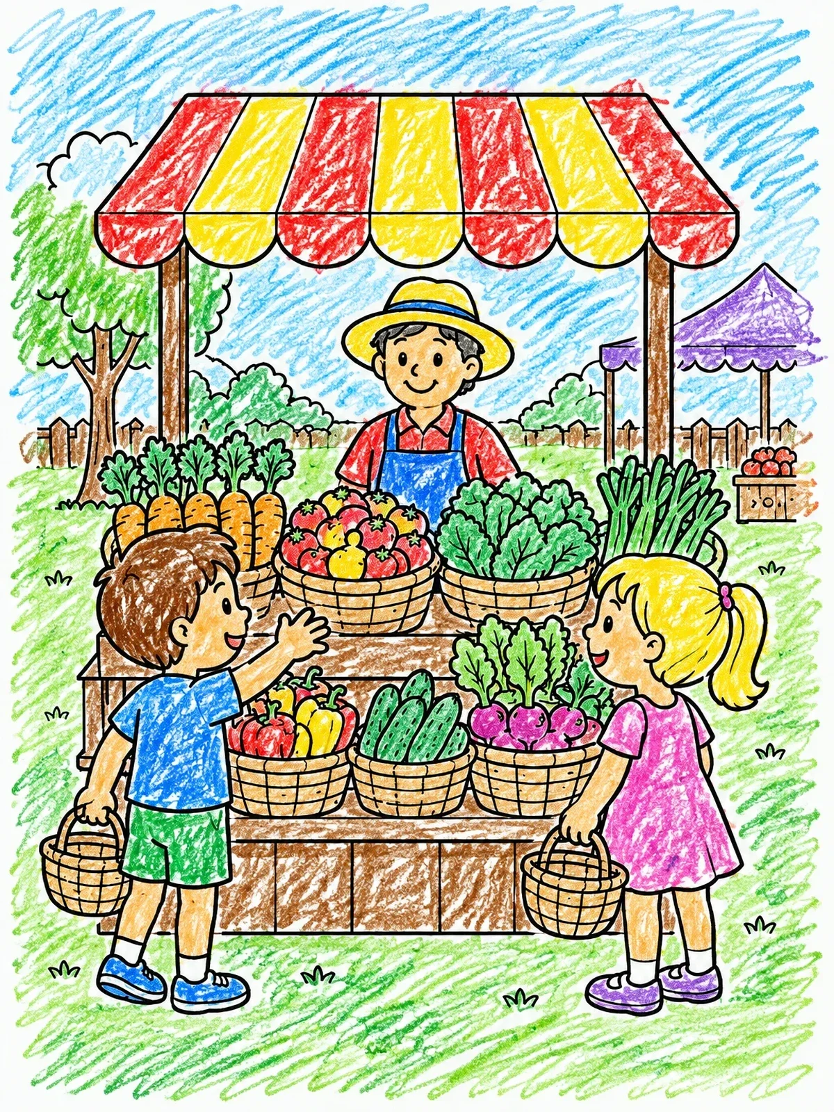 Colored example of the Children Shopping At Vegetable Market Stall coloring page