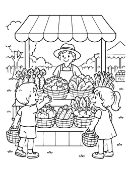 Free printable Children Shopping At Vegetable Market Stall coloring page