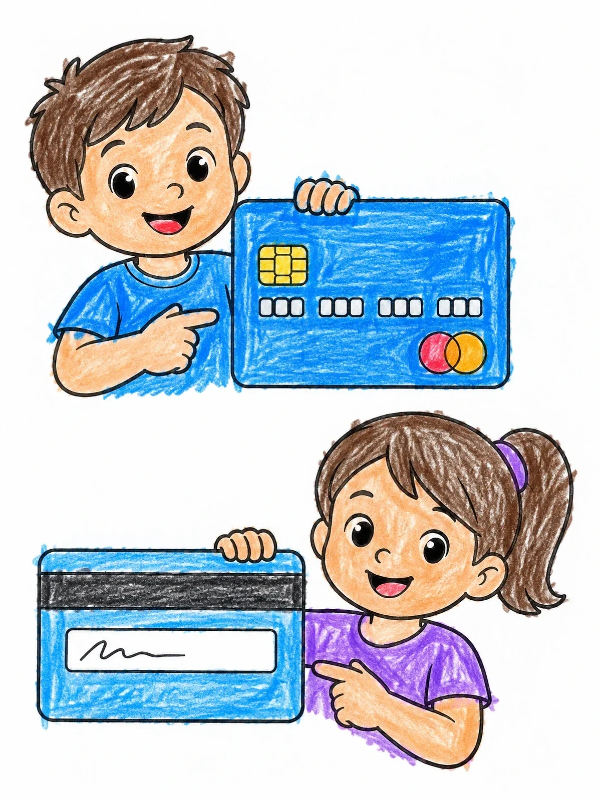 Colored example of the Kids Showing Front And Back Of Credit Card coloring page