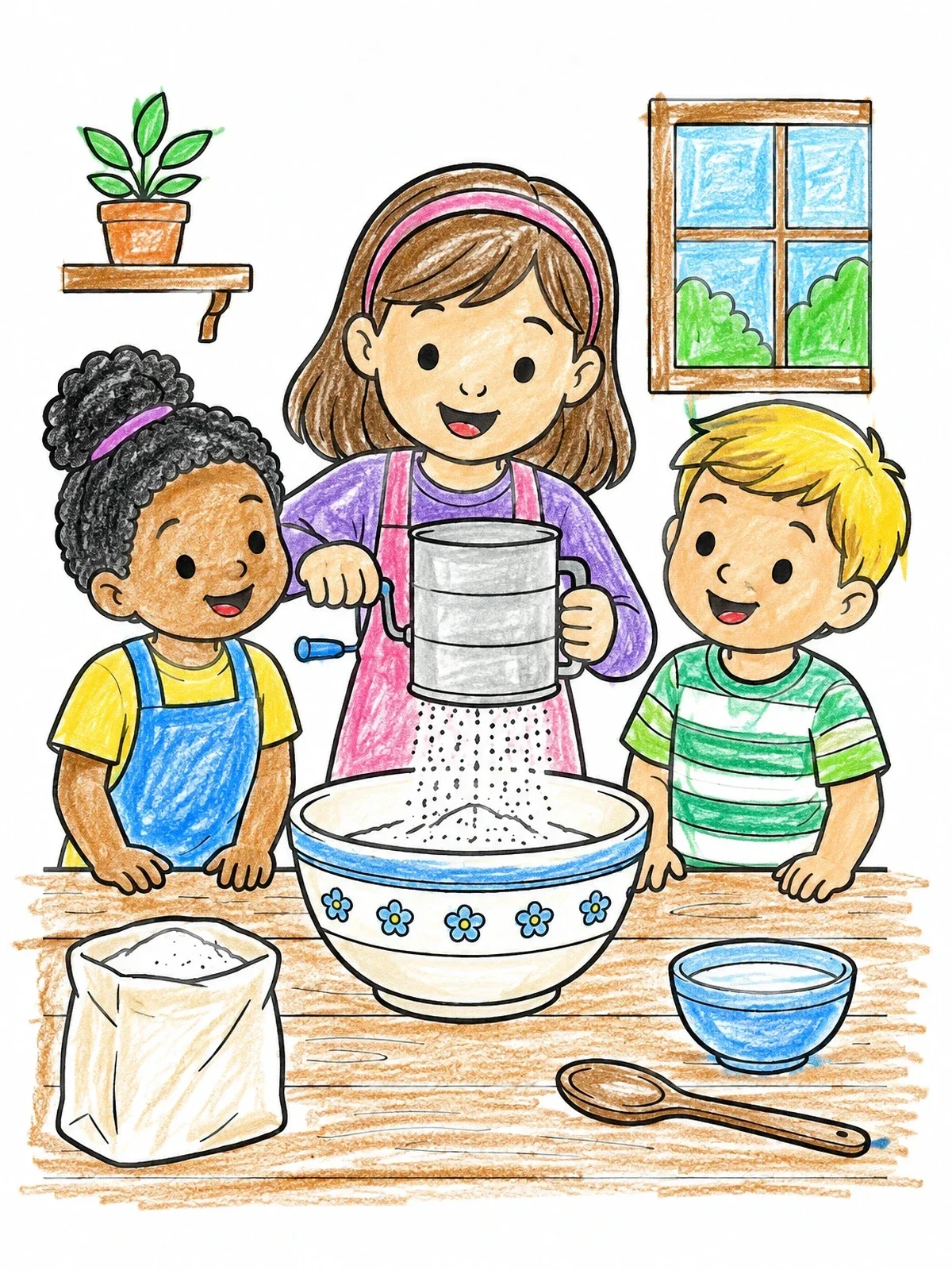Colored example of the Kids Sifting Flour Together In Kitchen coloring page