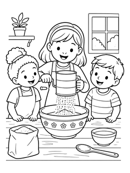 Free printable Kids Sifting Flour Together In Kitchen coloring page