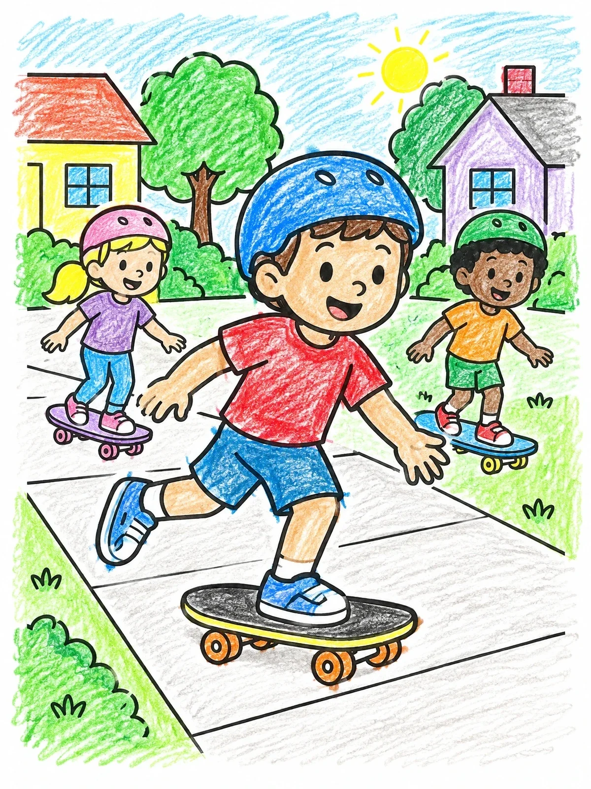 Colored example of the Kids Skateboarding Down The Sidewalk coloring page