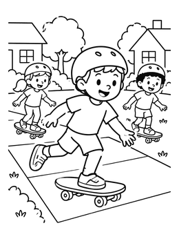 Free printable Kids Skateboarding Down The Sidewalk coloring page