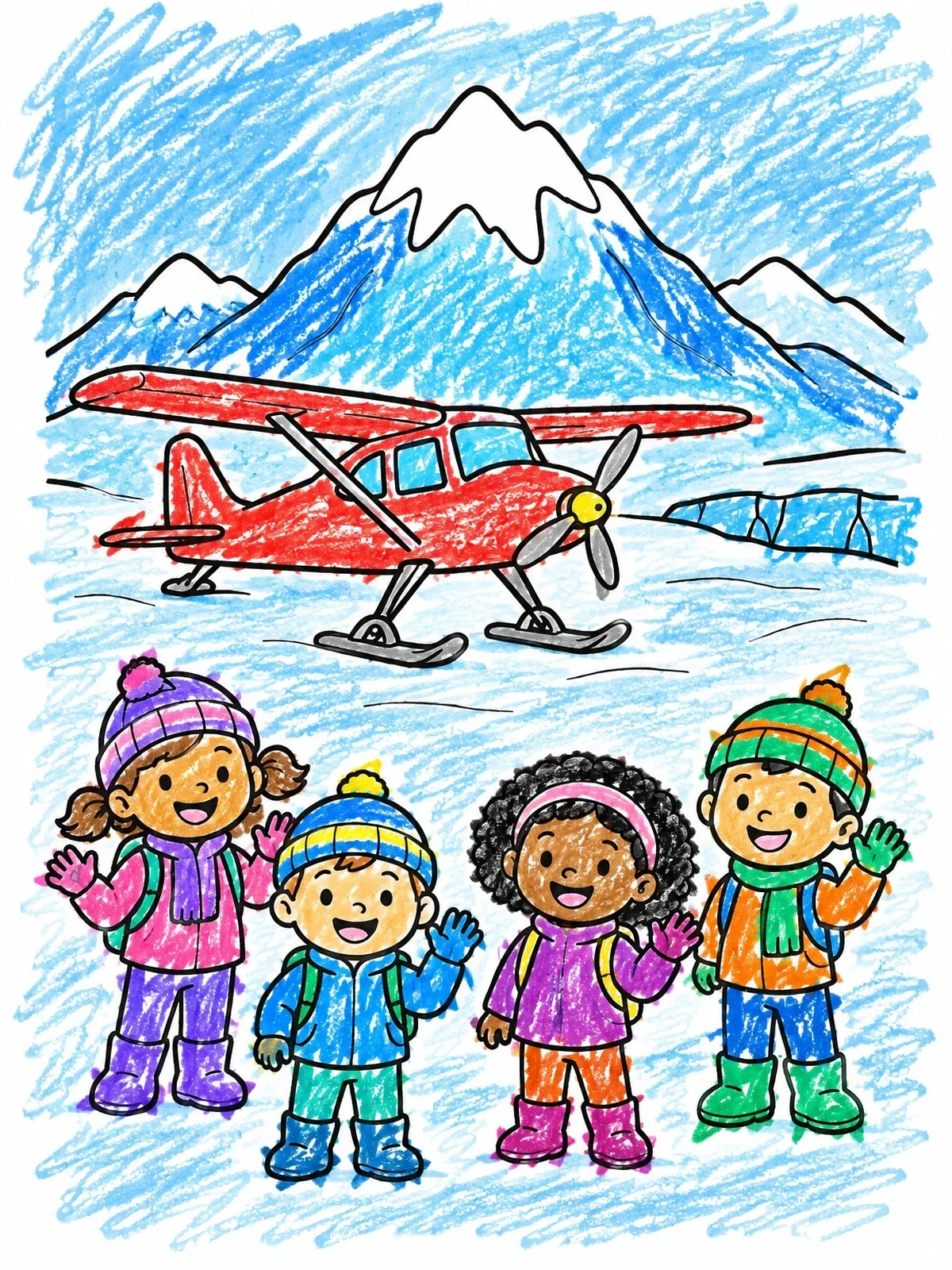 Colored example of the Kids And Ski Plane In Alaska coloring page