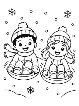 Free printable Kids Sledding On Saucers In Snow coloring page