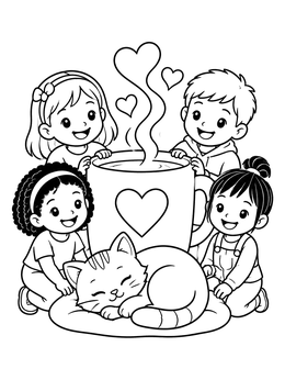 Kids gather around a warm mug in this hot cocoa coloring page with a sleeping cat.