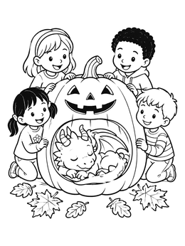 Free printable Children Finding Sleeping Pumpkin Dragon coloring page