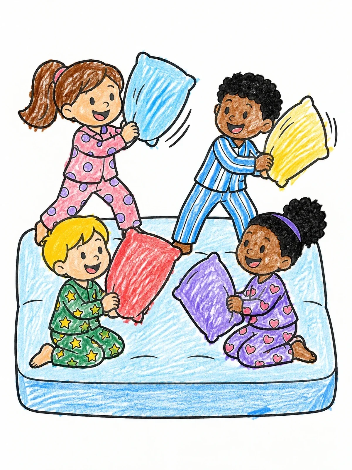 Colored example of the Friends Having A Pillow Fight coloring page