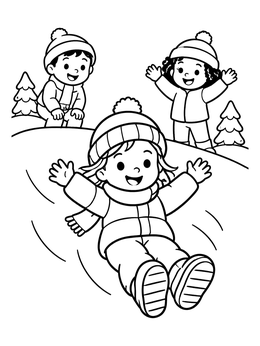 A cheerful girl slides downhill in this snowy day coloring page with friends watching.