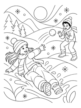 Two kids play outdoors in this fun snowball coloring page.