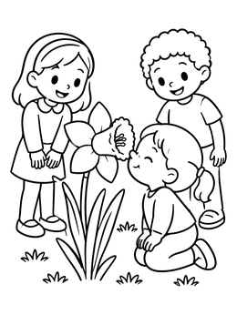 Free printable Children Smelling A Spring Daffodil coloring page