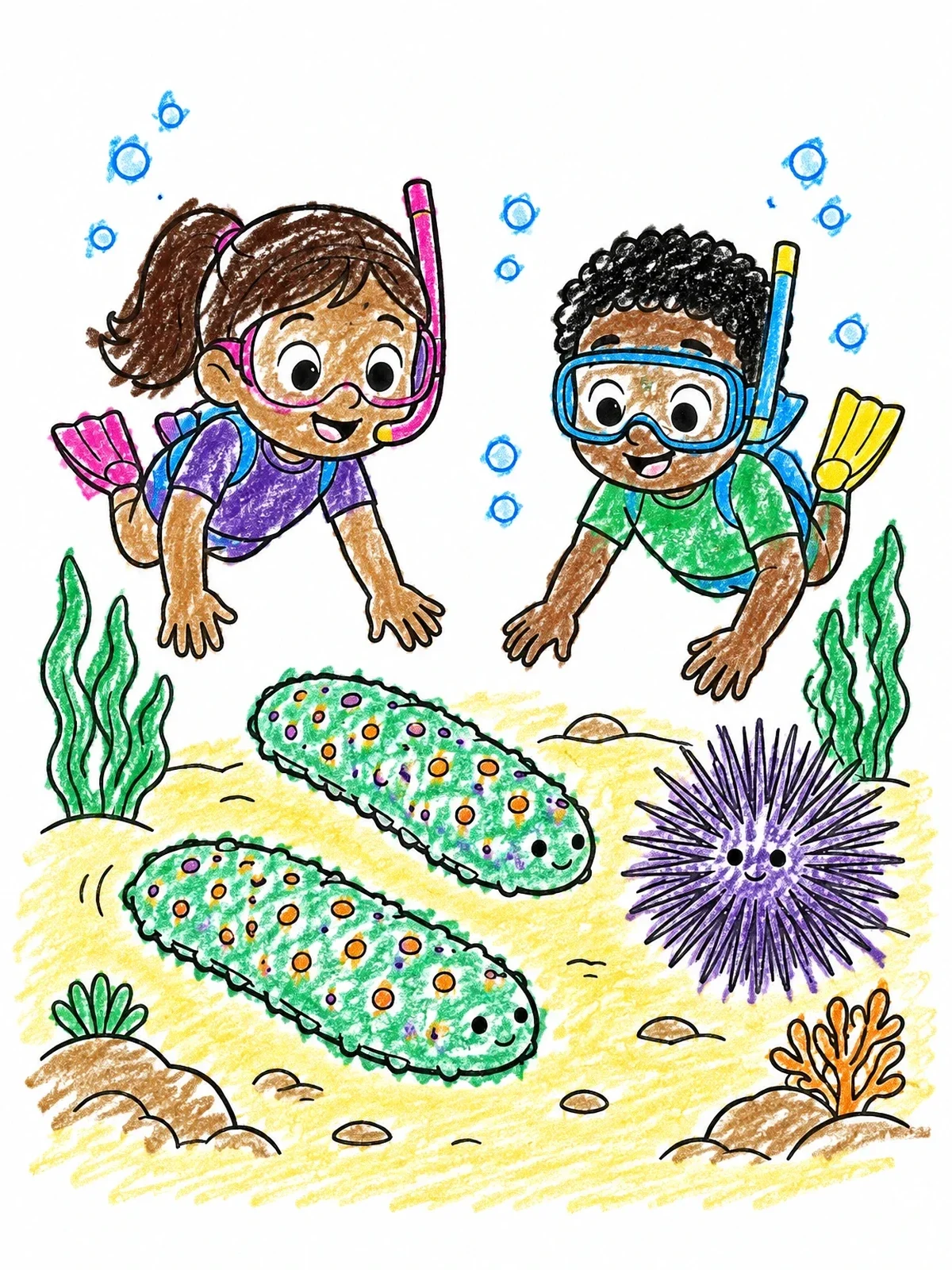 Colored example of the Snorkelers Discovering Friendly Sea Cucumbers coloring page