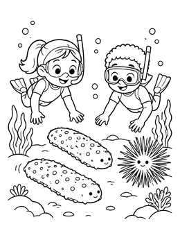 Free printable Snorkelers Discovering Friendly Sea Cucumbers coloring page