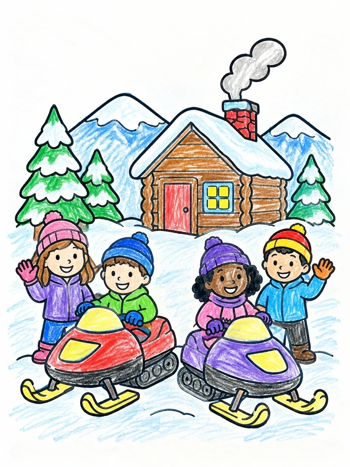 Colored example of the Kids With Snowmobiles By Cozy Cabin coloring page