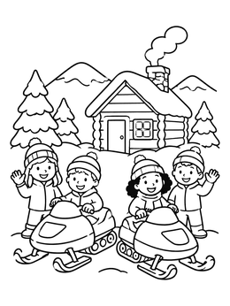 Free printable Kids With Snowmobiles By Cozy Cabin coloring page