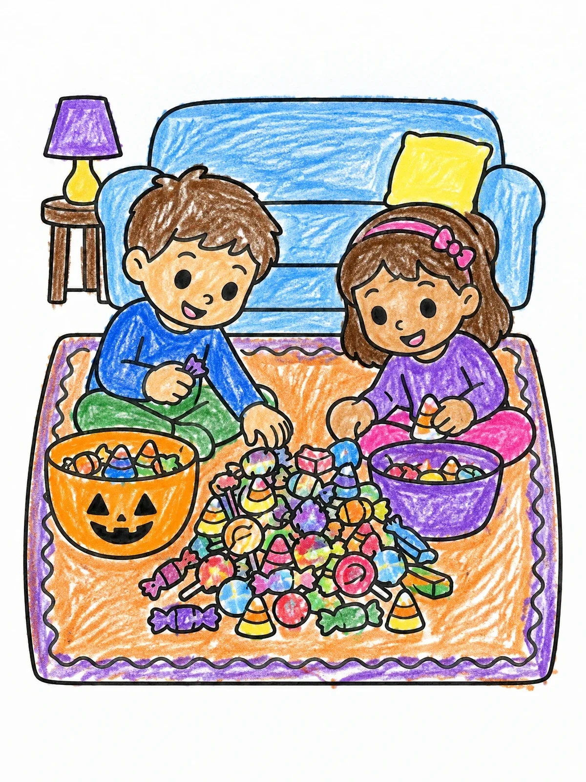 Colored example of the Kids Sorting Halloween Candy Pile coloring page