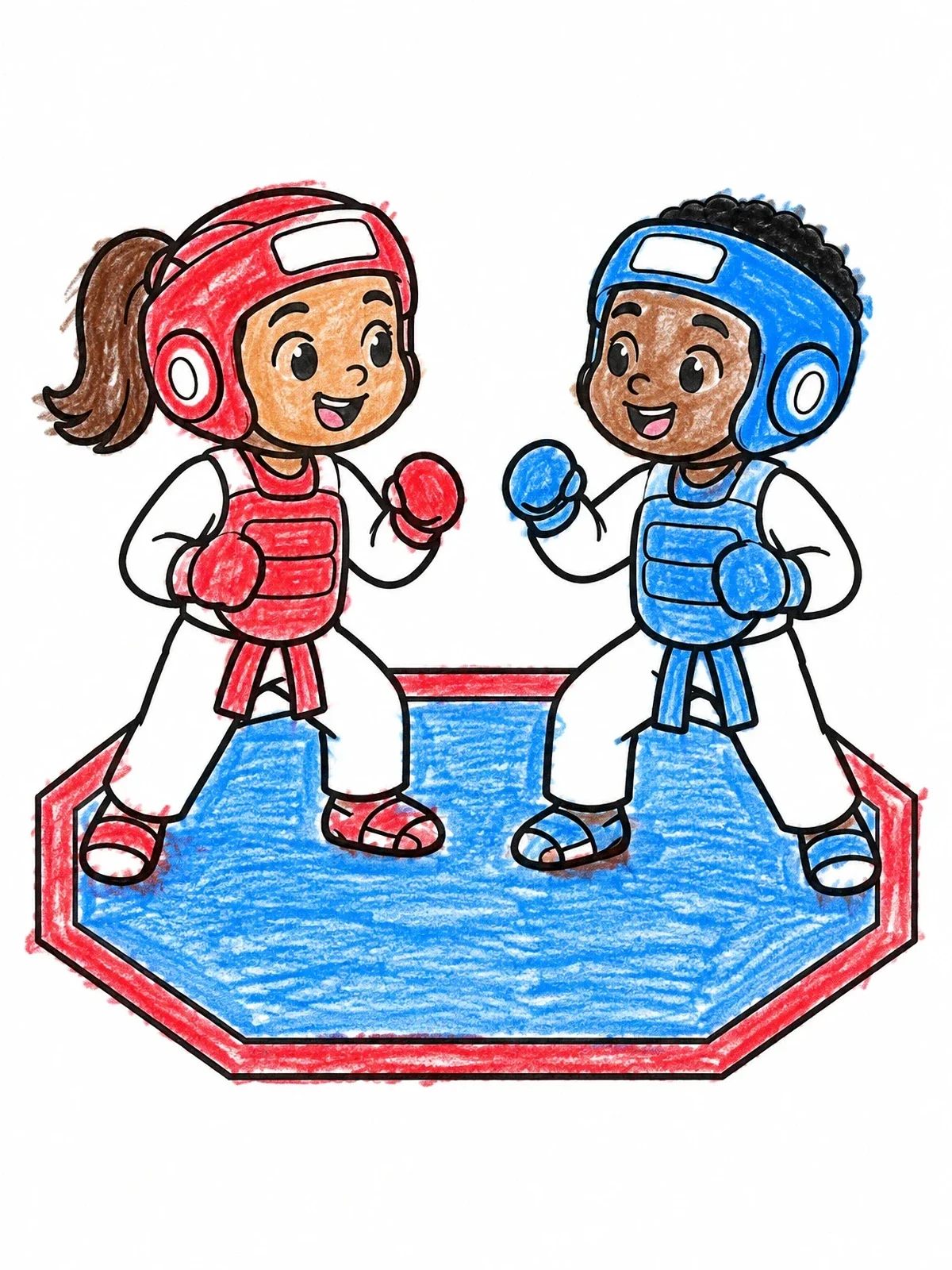 Colored example of the Kids Sparring In Taekwondo Gear coloring page