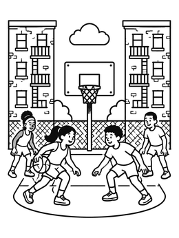 Free printable Kids Playing Street Basketball coloring page