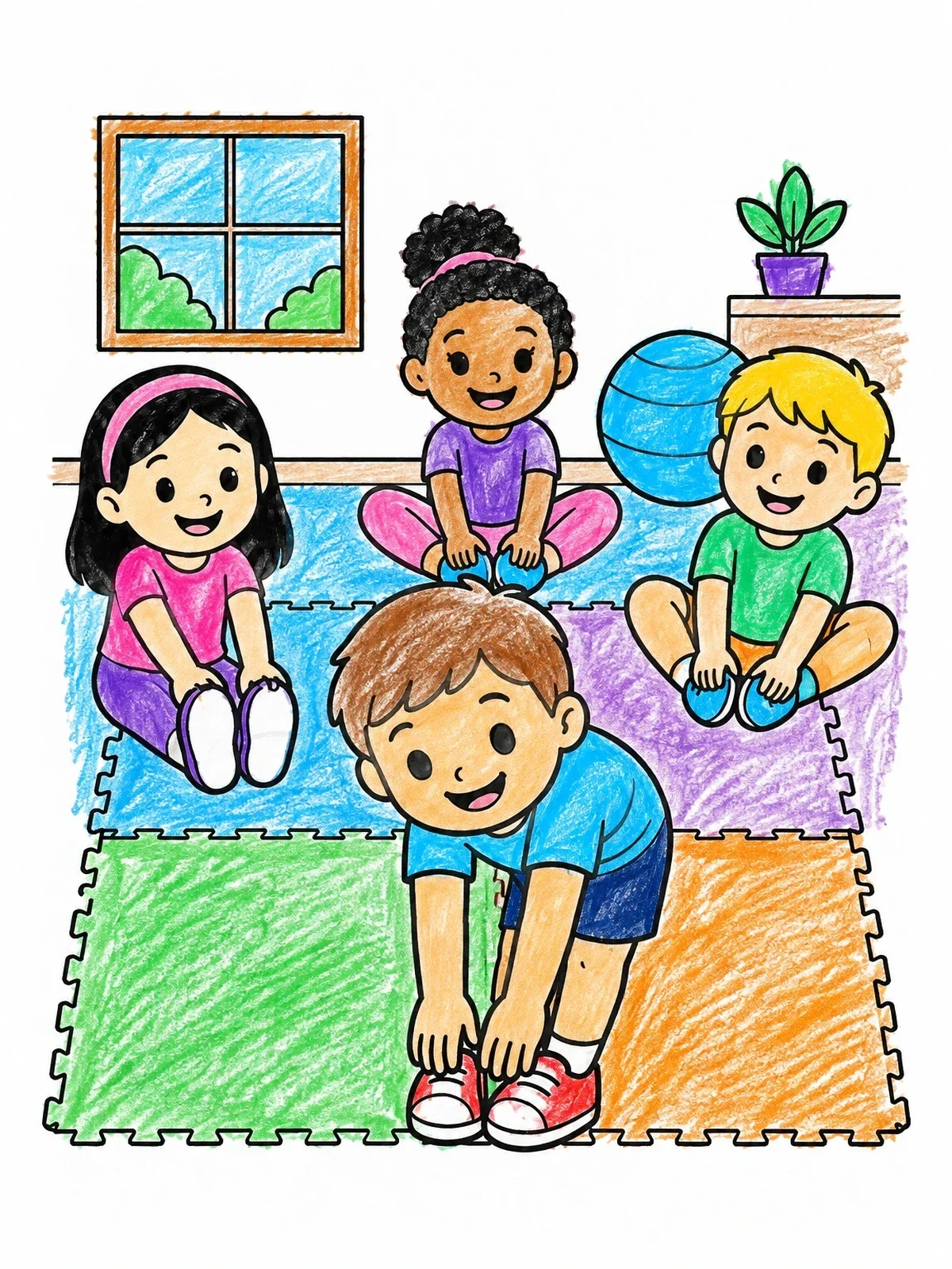 Colored example of the Kids Stretching On Exercise Mats coloring page