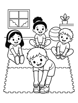 A group of cheerful children practicing stretches on an exercise coloring page indoors.