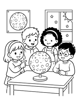 Free printable Students Studying A Planet Model coloring page
