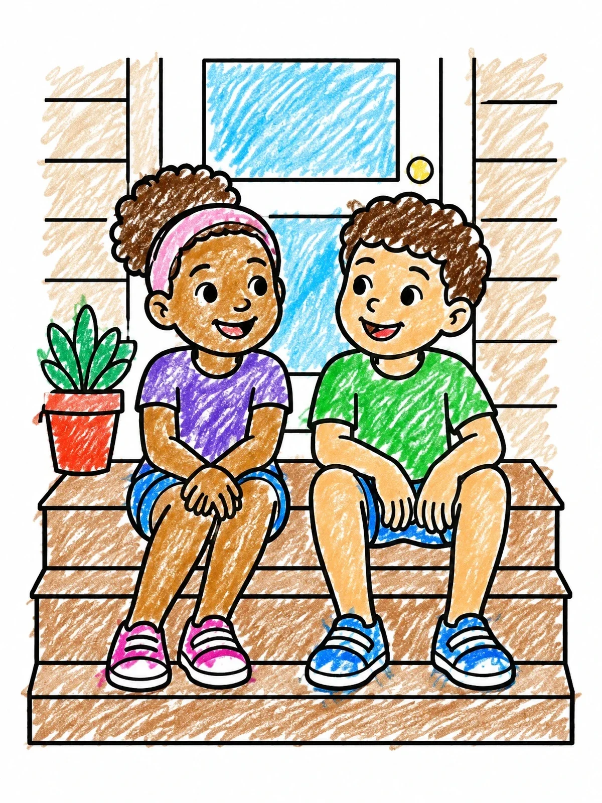 Colored example of the Children Sitting On Porch Steps coloring page