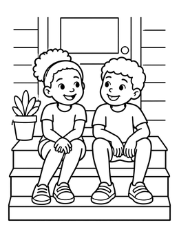 Free printable Children Sitting On Porch Steps coloring page