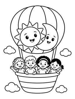 Free printable Children And Celestial Balloon Ride coloring page