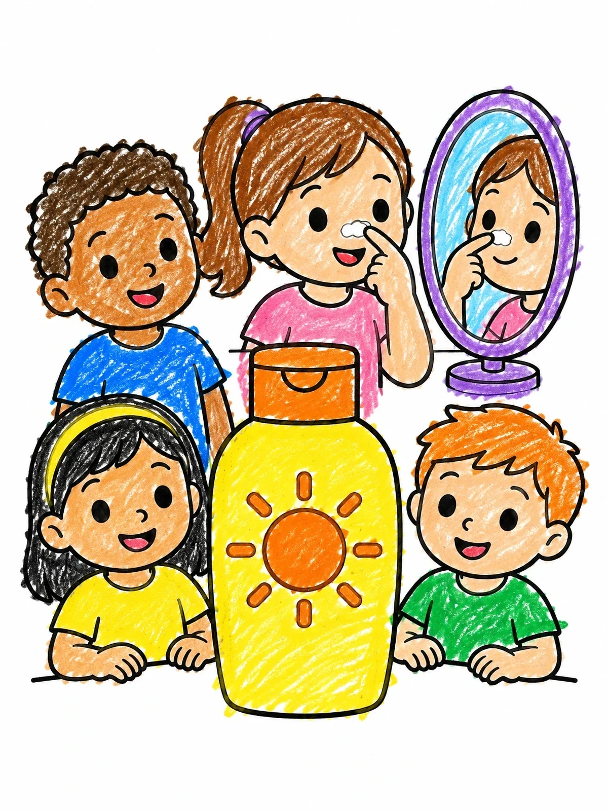 Colored example of the Children Applying Sunscreen With Bottle coloring page