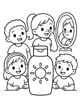 Free printable Children Applying Sunscreen With Bottle coloring page