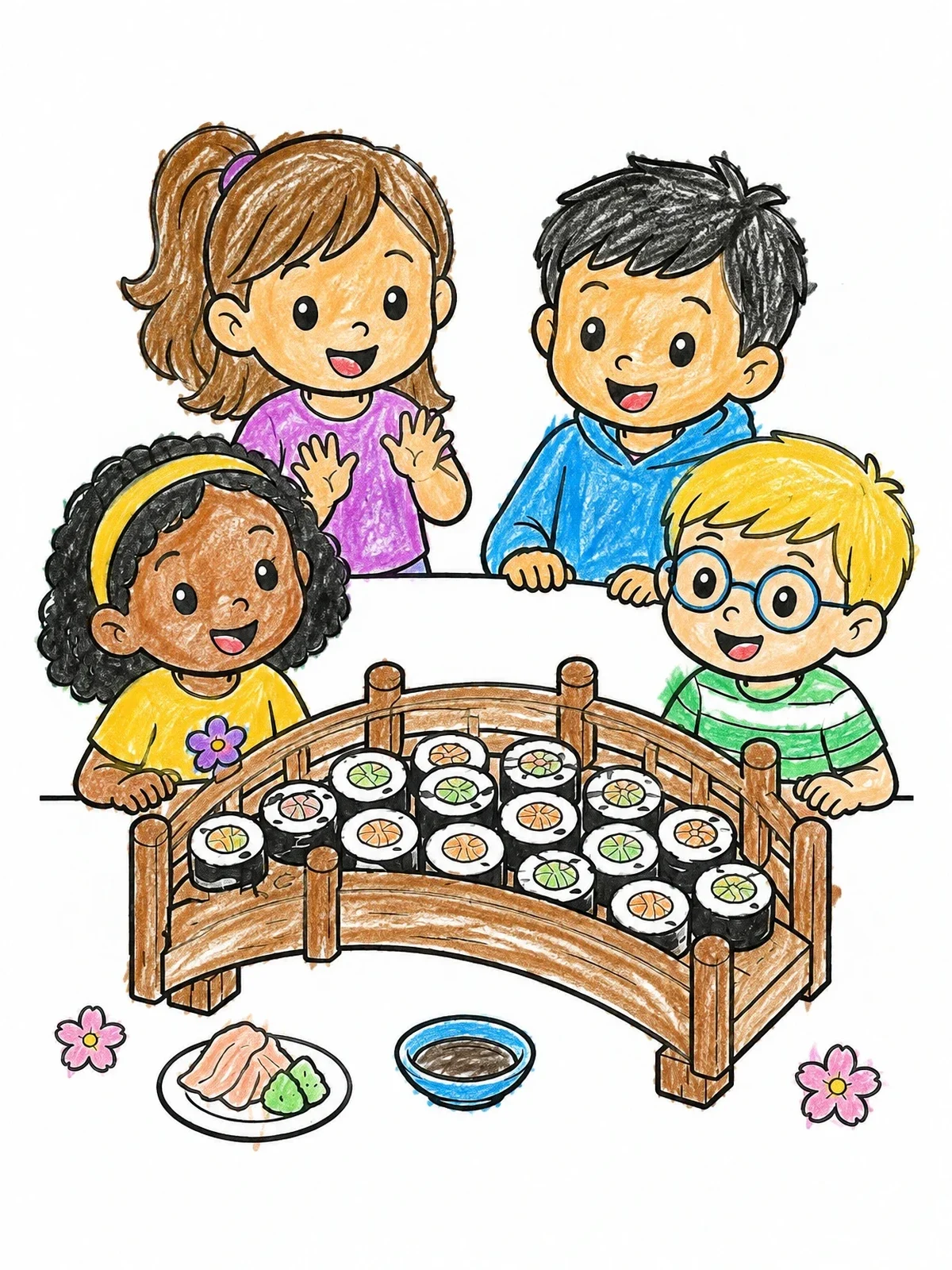 Colored example of the Kids Enjoying A Sushi Bridge Platter coloring page