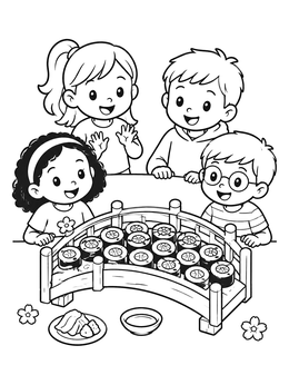 Children gathering around a wooden bridge platter in this sushi coloring page.