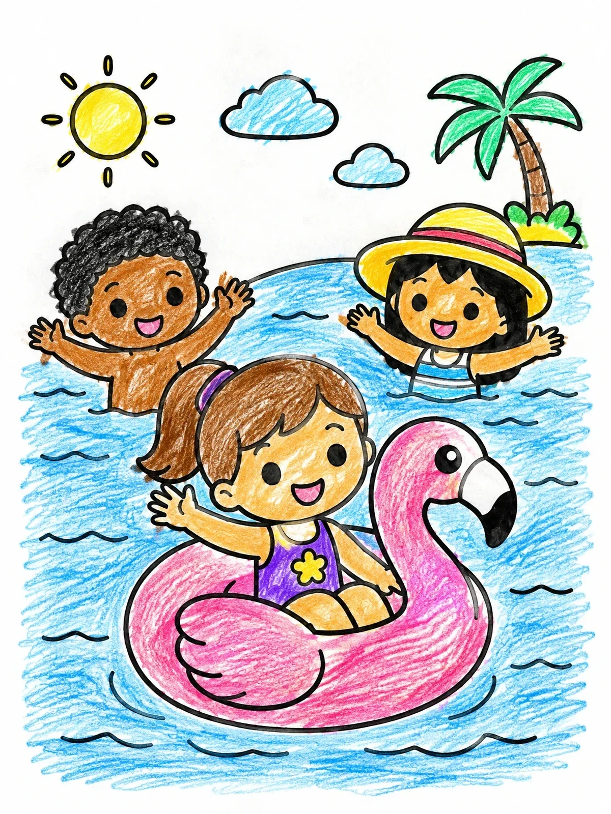 Colored example of the Kids Swimming With Flamingo Float coloring page