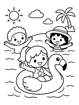 Kids having fun in the water on a summer kawaii coloring page.