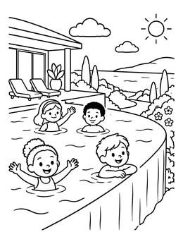 Happy children having fun in this swimming pool coloring page outside a scenic house.