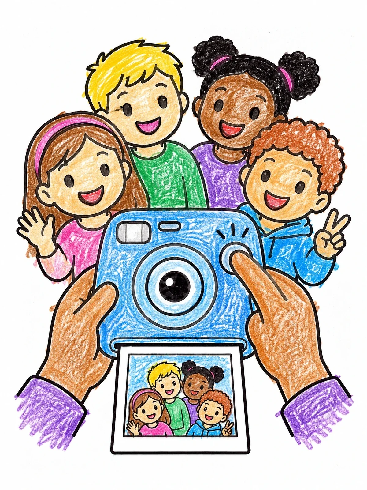 Colored example of the Kids Taking An Instant Photo coloring page