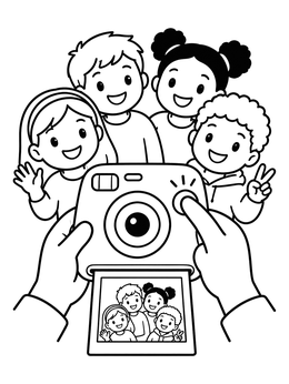 A fun instant camera coloring page showing happy kids posing for a photo.