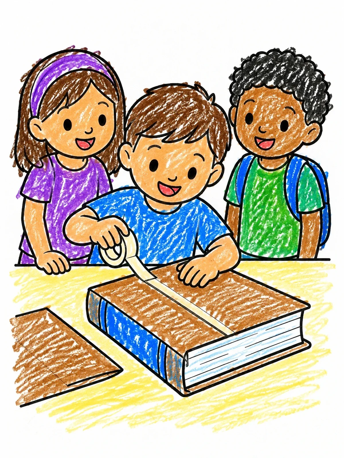 Colored example of the Children Covering A School Book coloring page