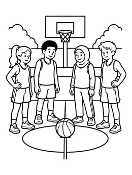 Free printable Kids Team On Basketball Court coloring page