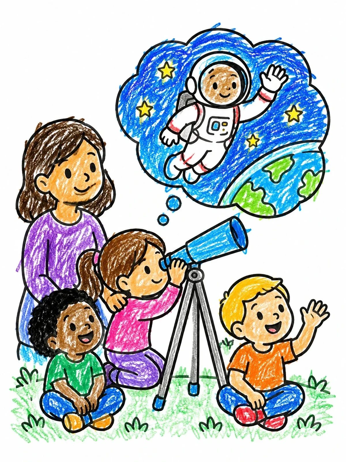 Colored example of the Children Stargazing And Imagining Astronaut coloring page