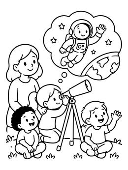Children look through a telescope in this astronaut coloring page while imagining a space explorer.