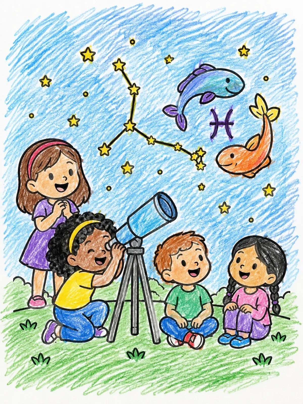Colored example of the Kids Stargazing At Pisces Constellation coloring page