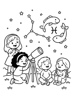 Free printable Kids Stargazing At Pisces Constellation coloring page