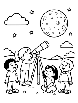 Free printable Kids Stargazing With A Telescope coloring page