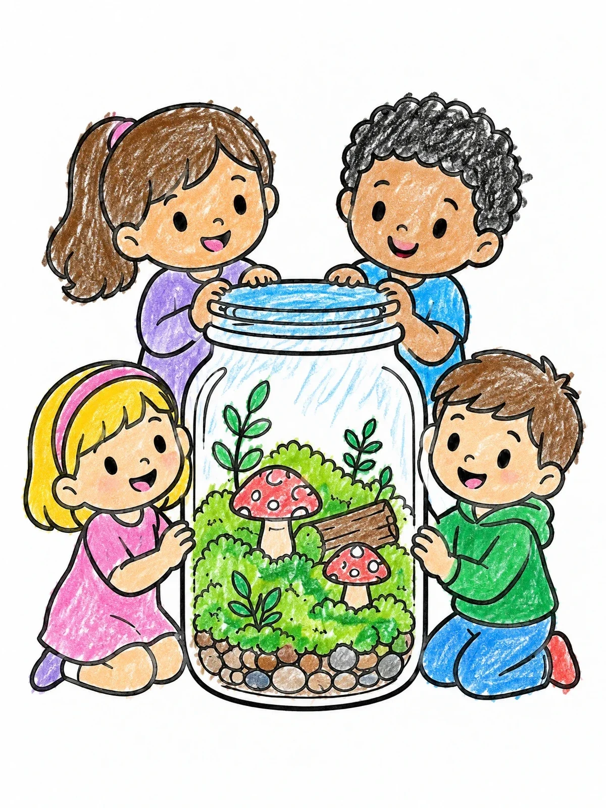 Colored example of the Children Exploring A Terrarium Mason Jar coloring page